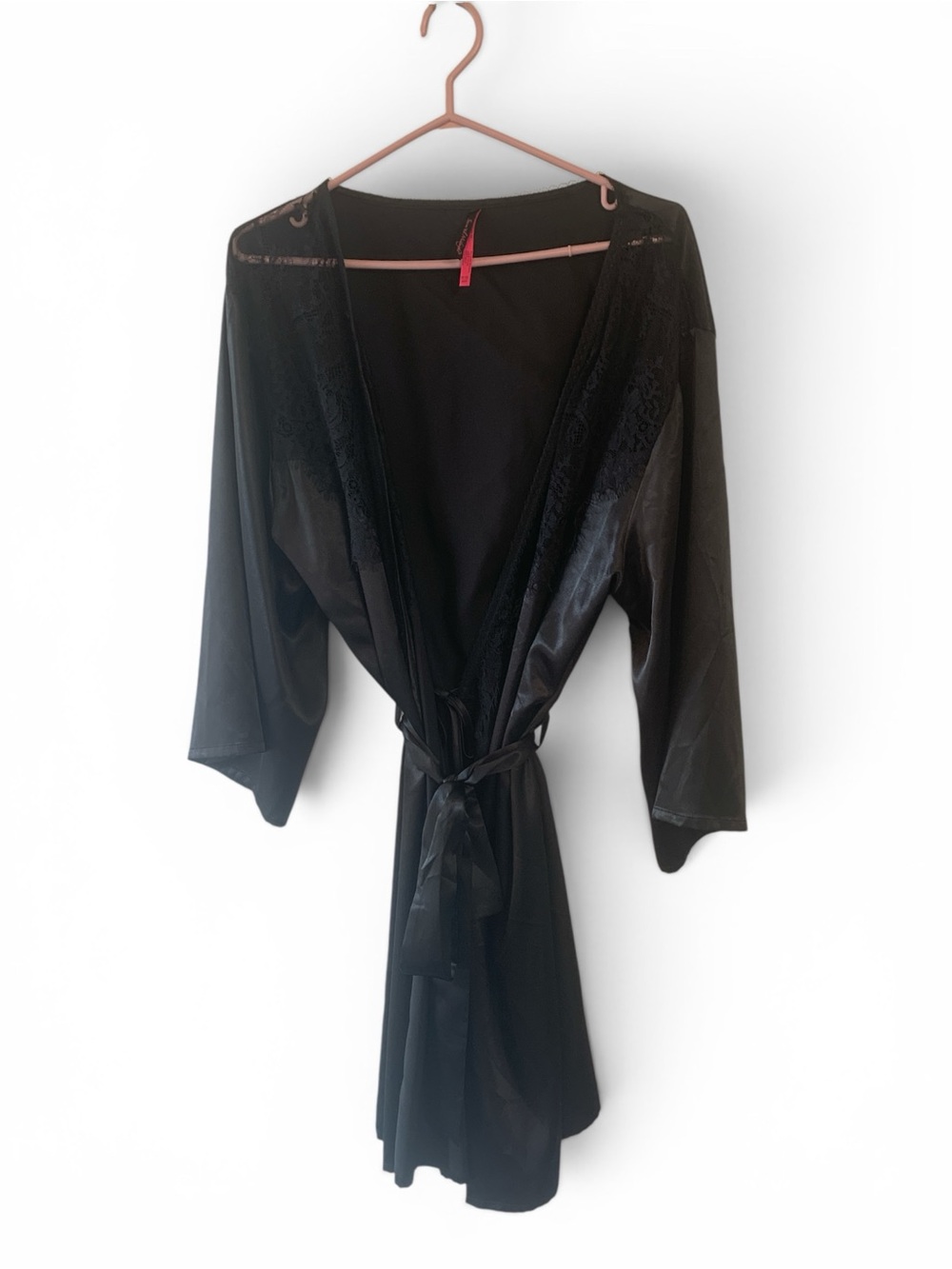 Satin Look Lace-Trim Wrap Robe - Black